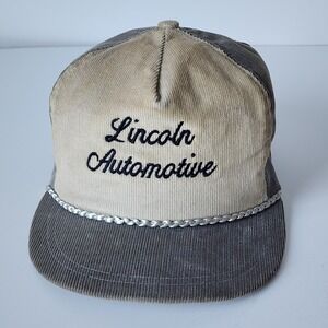 Vintage 80s Lincoln Automobile Corduroy Trucker Hat Cap Strap Back Patch Rope